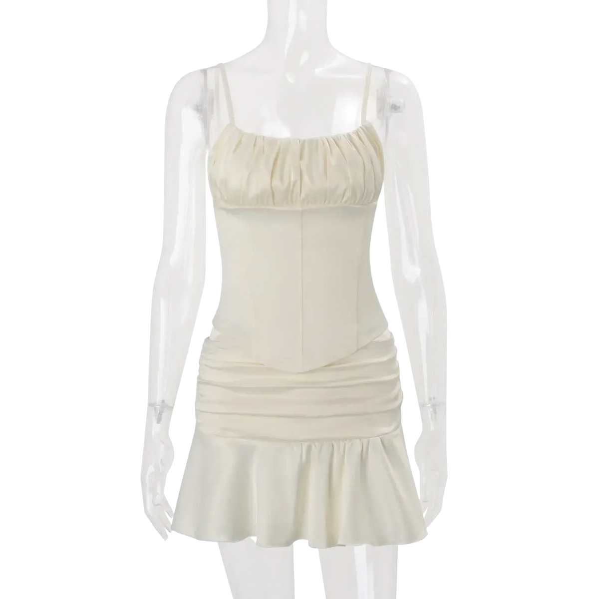 Cream-colored satin mini dress with ruched bodice corset-style waistband and flared skirt in satin two piece skirt set for women