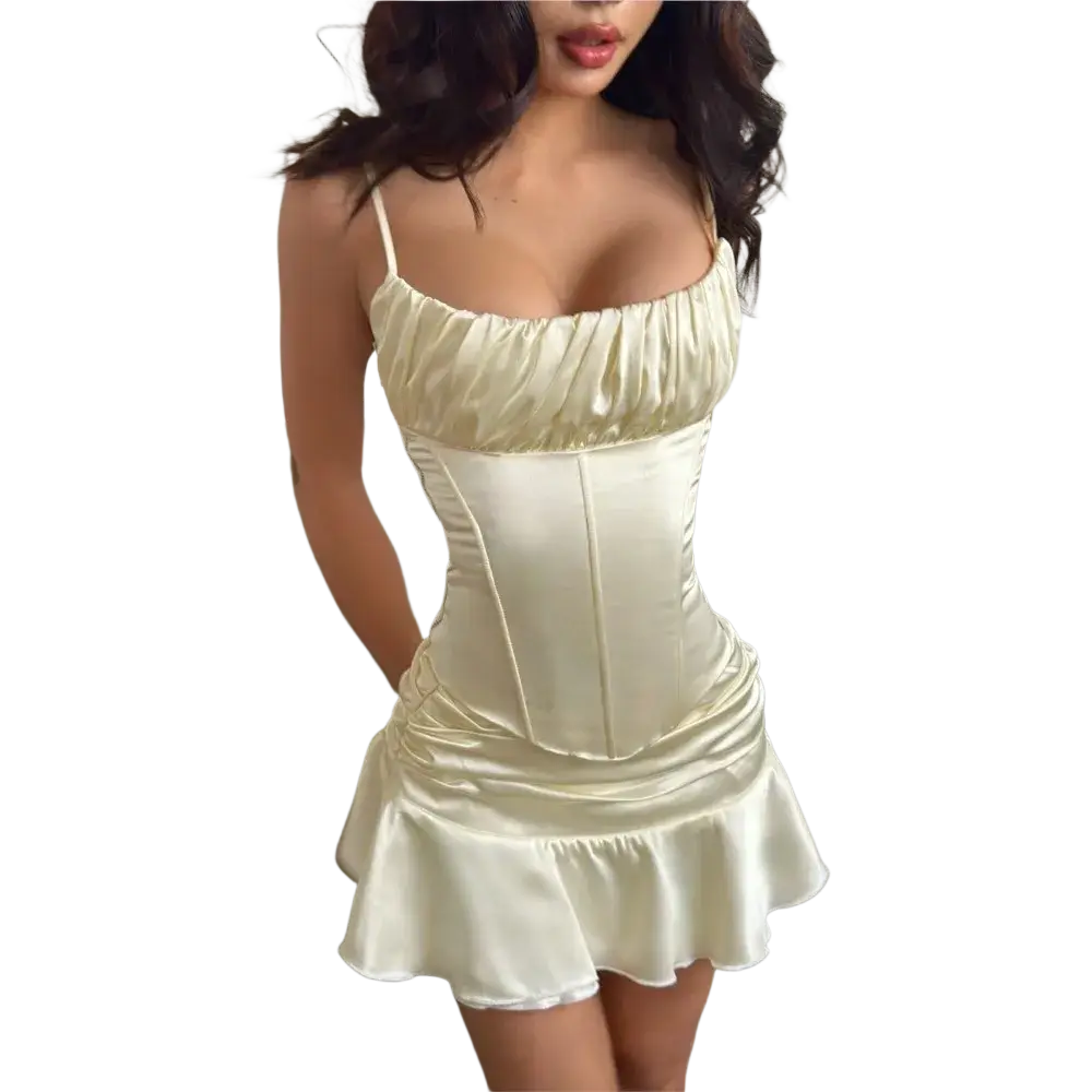 Cream satin mini dress with square neckline corseted bodice and ruffled hem from satin two piece skirt set women