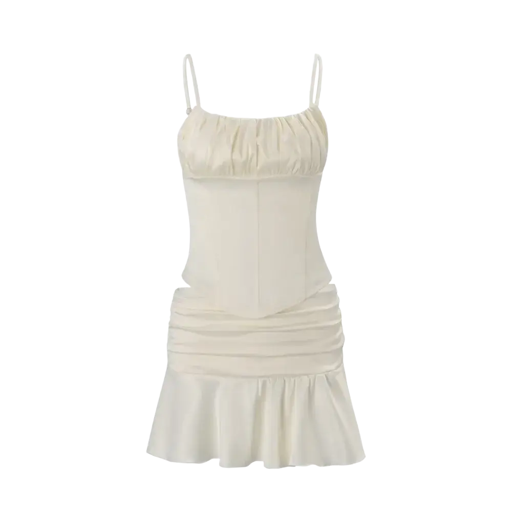 Off-white satin ruched corset-style mini dress with thin spaghetti straps and flared skirt in satin two piece skirt set cream women