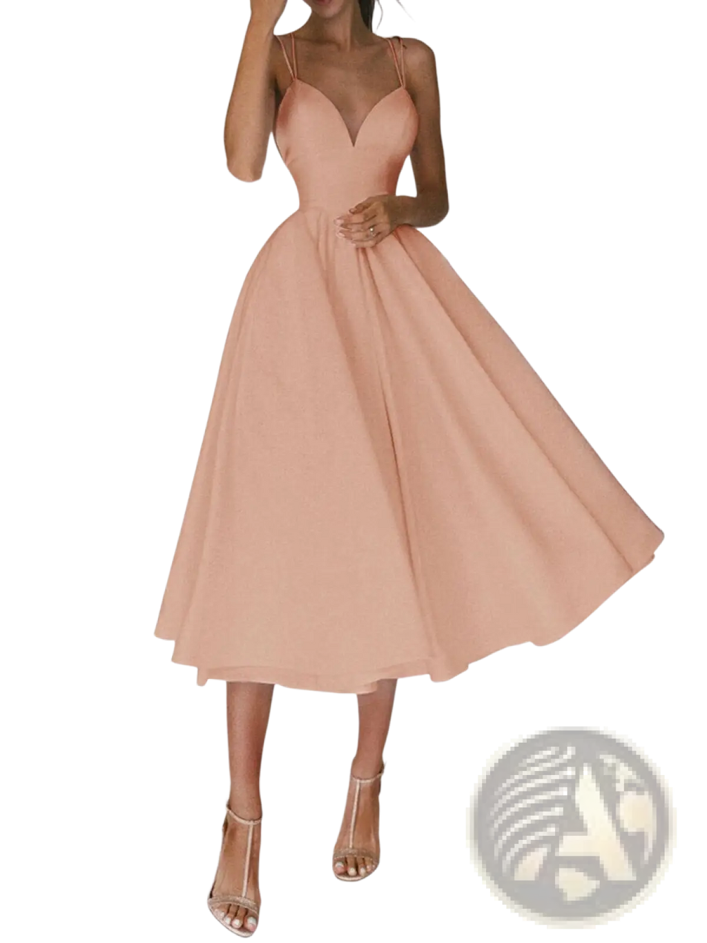 A flowing peach-colored satin v neck spaghetti strap a line midi dress with a fitted bodice and flared skirt