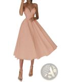 A flowing peach-colored satin v neck spaghetti strap a line midi dress with a fitted bodice and flared skirt