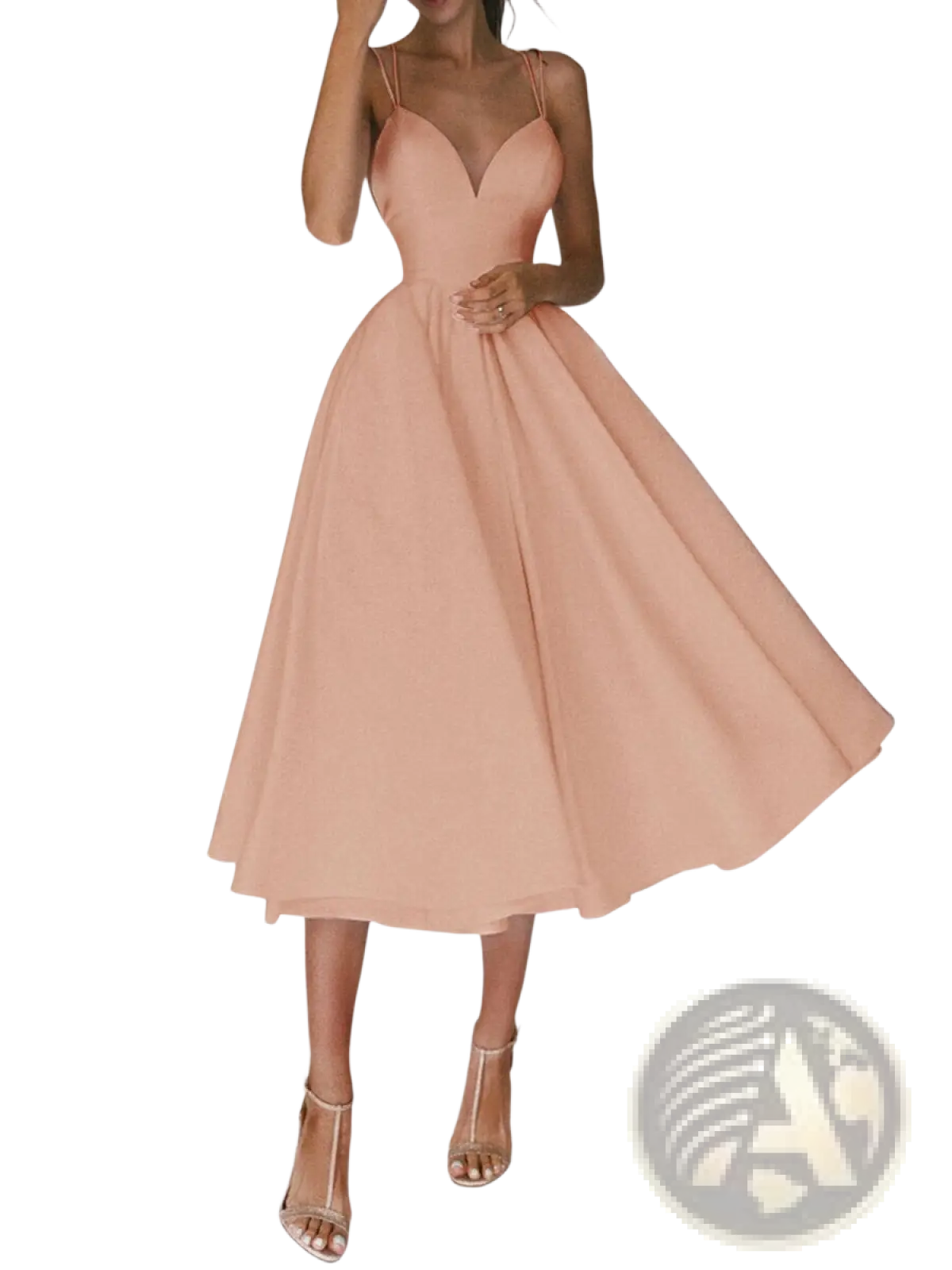 A flowing peach-colored satin v neck spaghetti strap a line midi dress with a fitted bodice and flared skirt