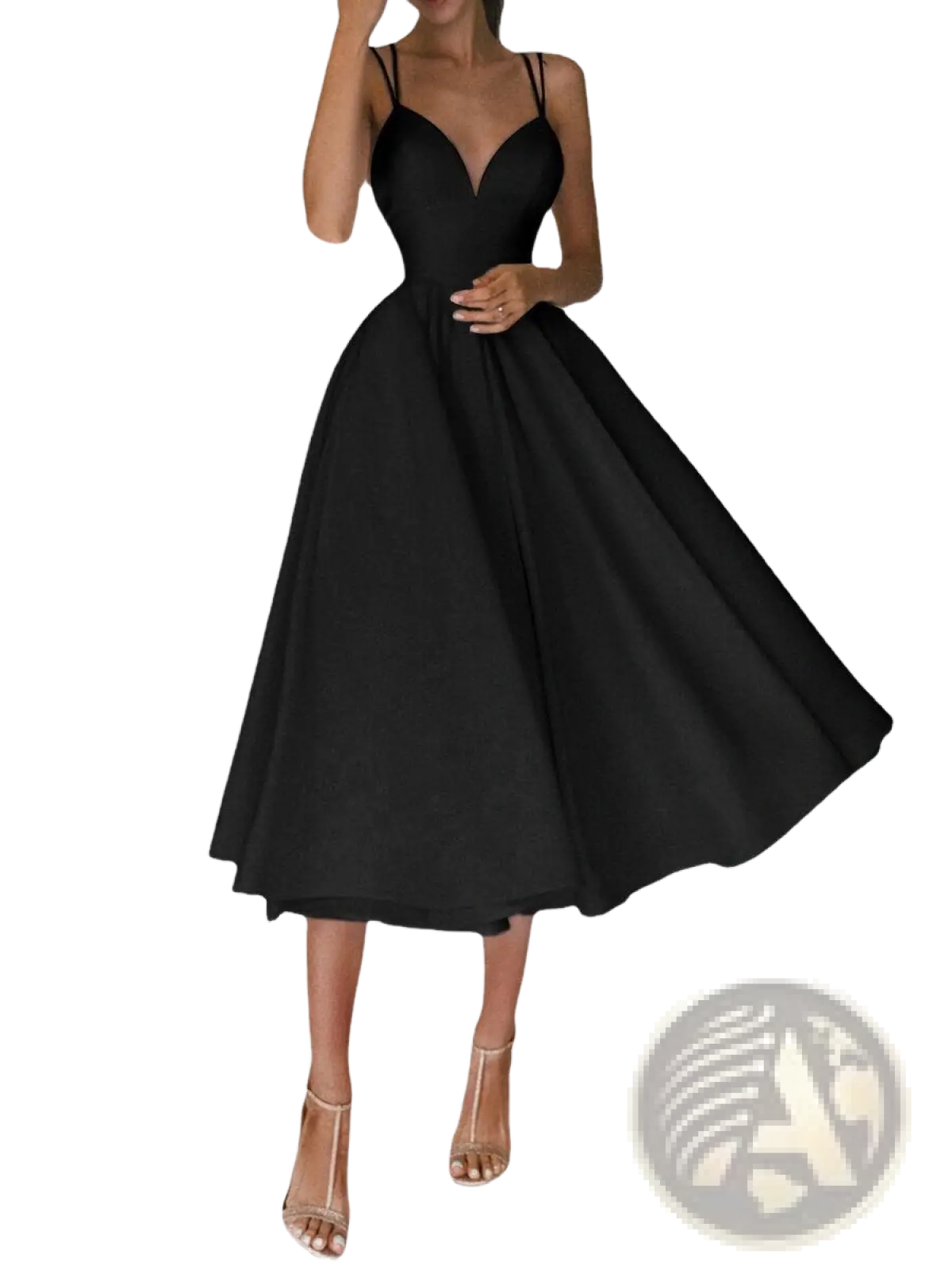 Black satin v neck midi dress with thin spaghetti straps and a flared a line skirt