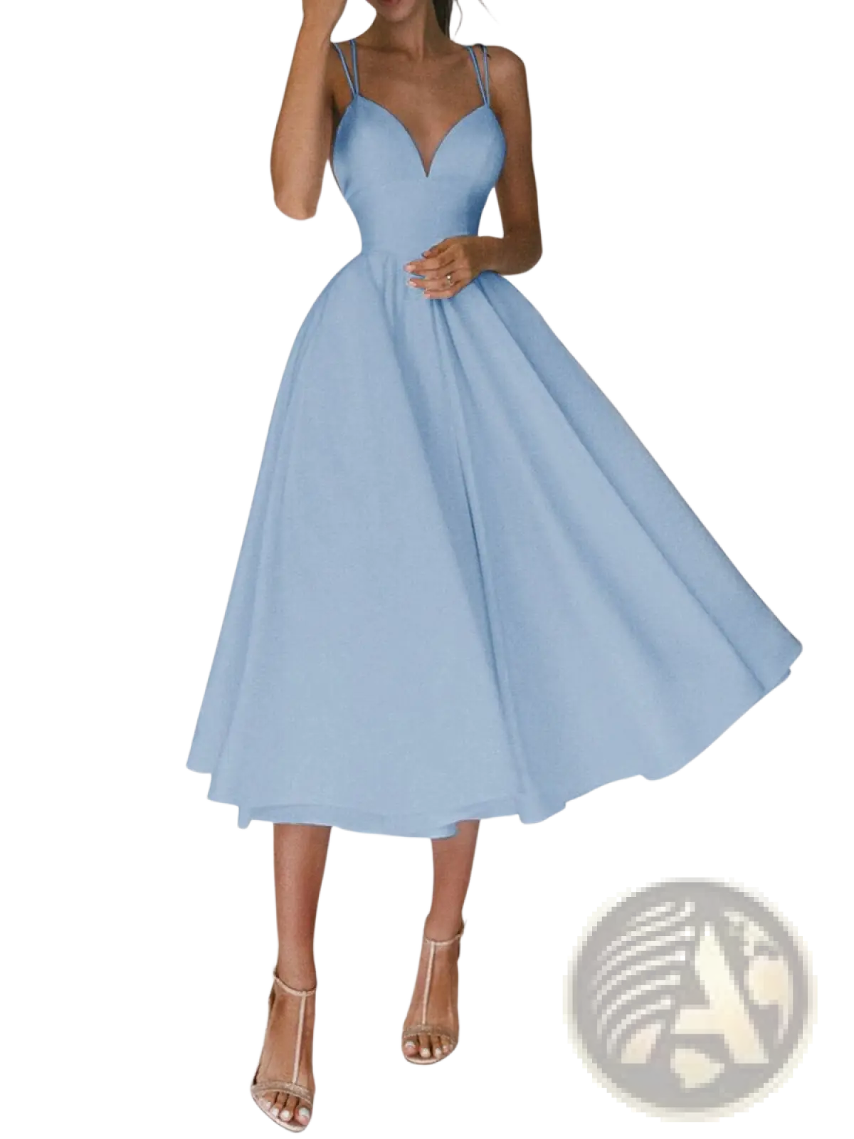 A light blue satin v neck a line midi dress with thin spaghetti straps and a flared skirt