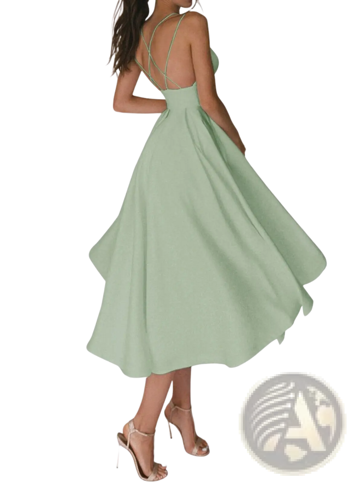 Back view of a mint green satin v neck midi dress featuring a fitted bodice and crisscross spaghetti strap design