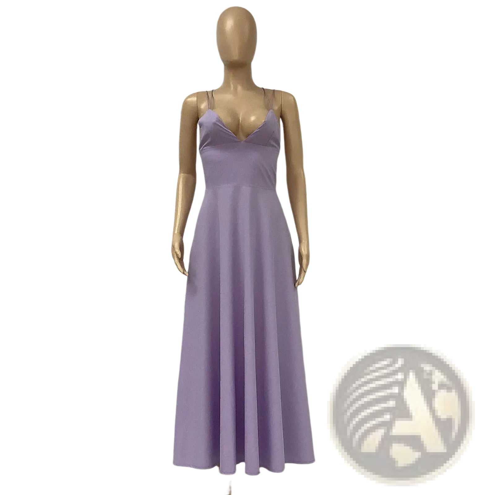 A flowing lavender satin v neck spaghetti strap a line midi dress with thin straps and a flattering neckline
