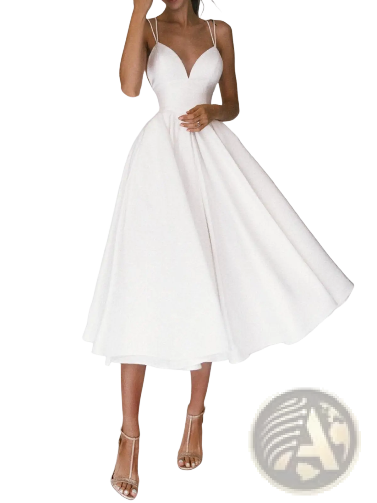 A white satin v neck a line midi dress with thin spaghetti straps and a flared skirt