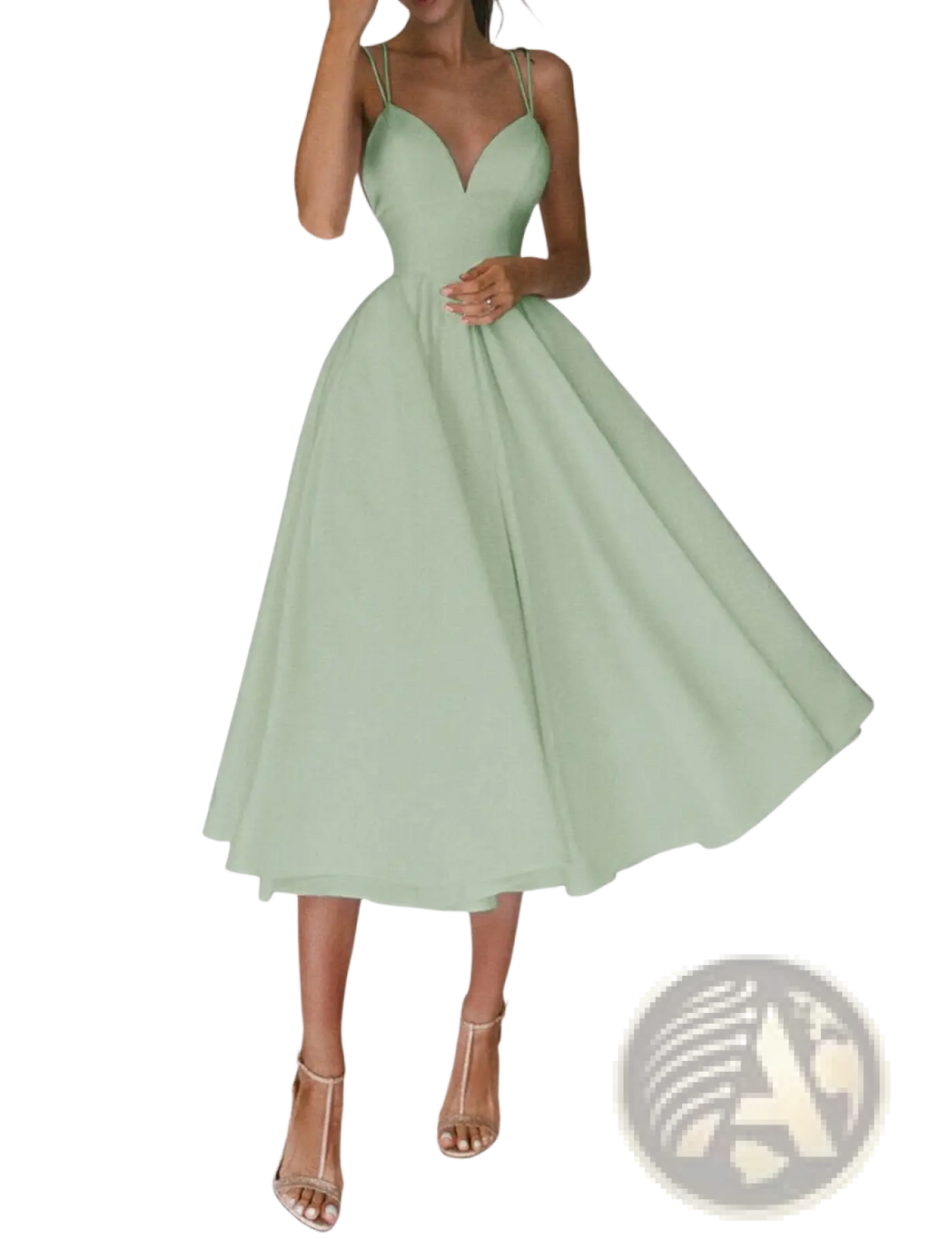 A flowing mint green satin v neck midi dress with thin spaghetti straps and a fitted bodice