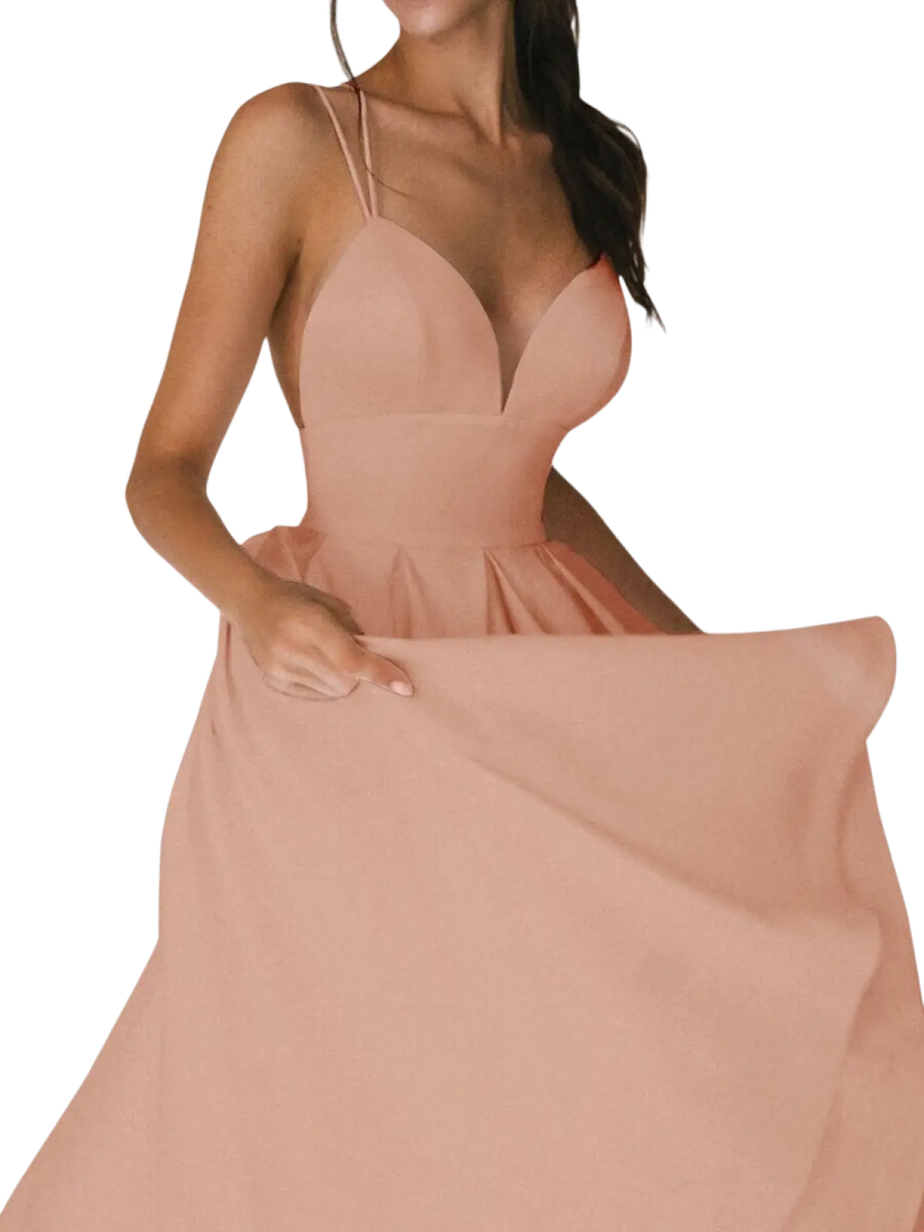 A soft blush pink satin v neck spaghetti strap a line midi dress with delicate straps and deep neckline