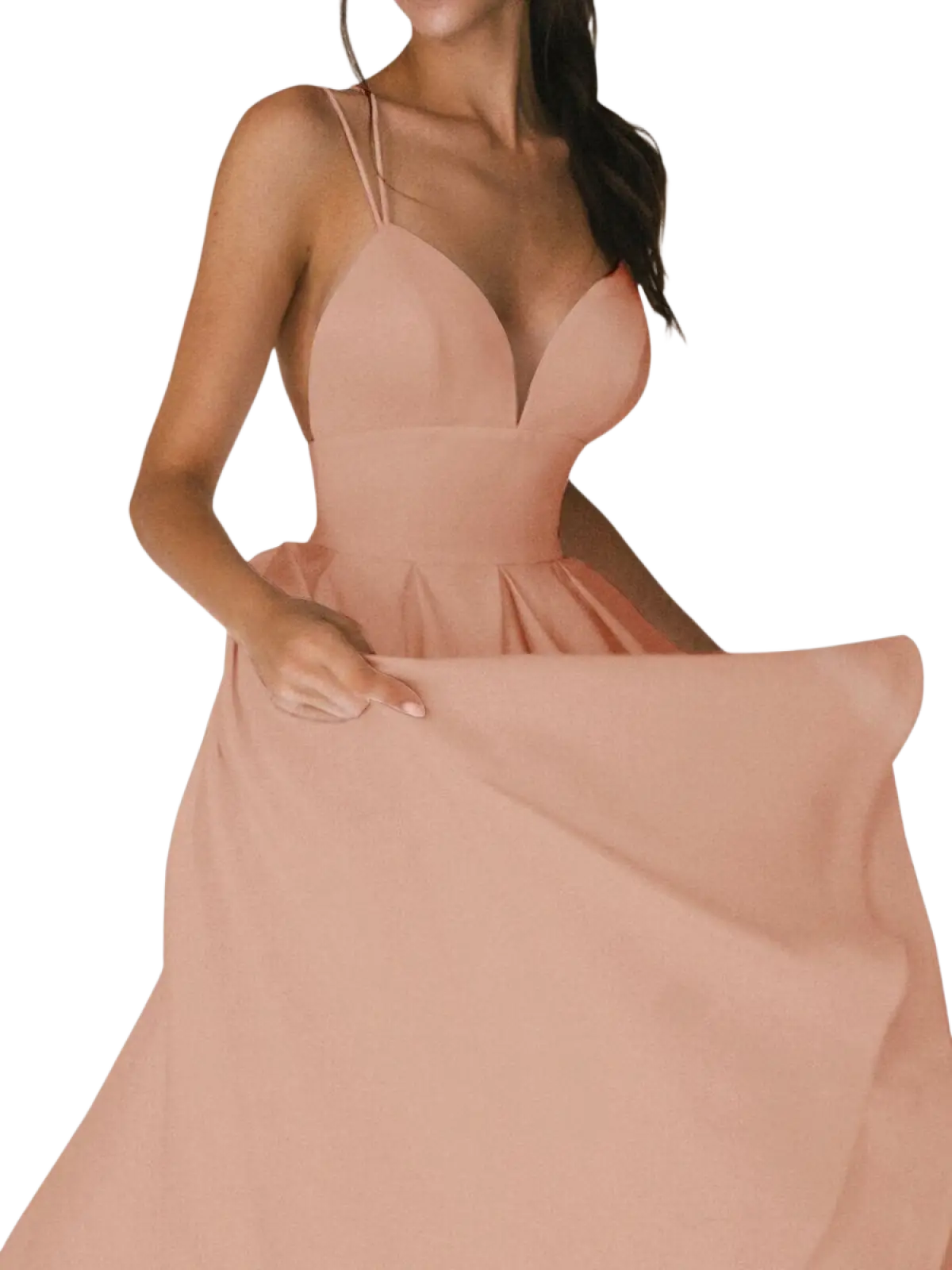 A soft blush pink satin v neck spaghetti strap a line midi dress with delicate straps and deep neckline