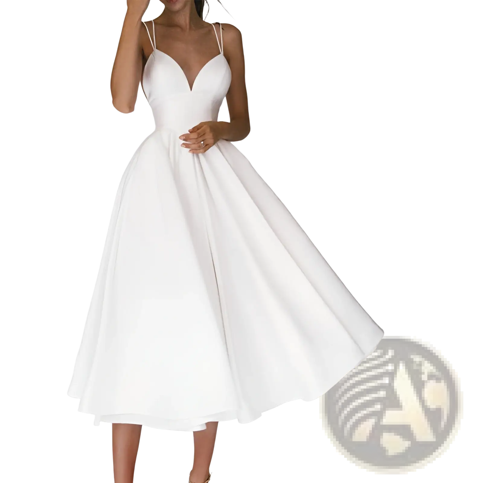 White satin a line midi dress with v neck and thin spaghetti straps featuring a sweetheart neckline