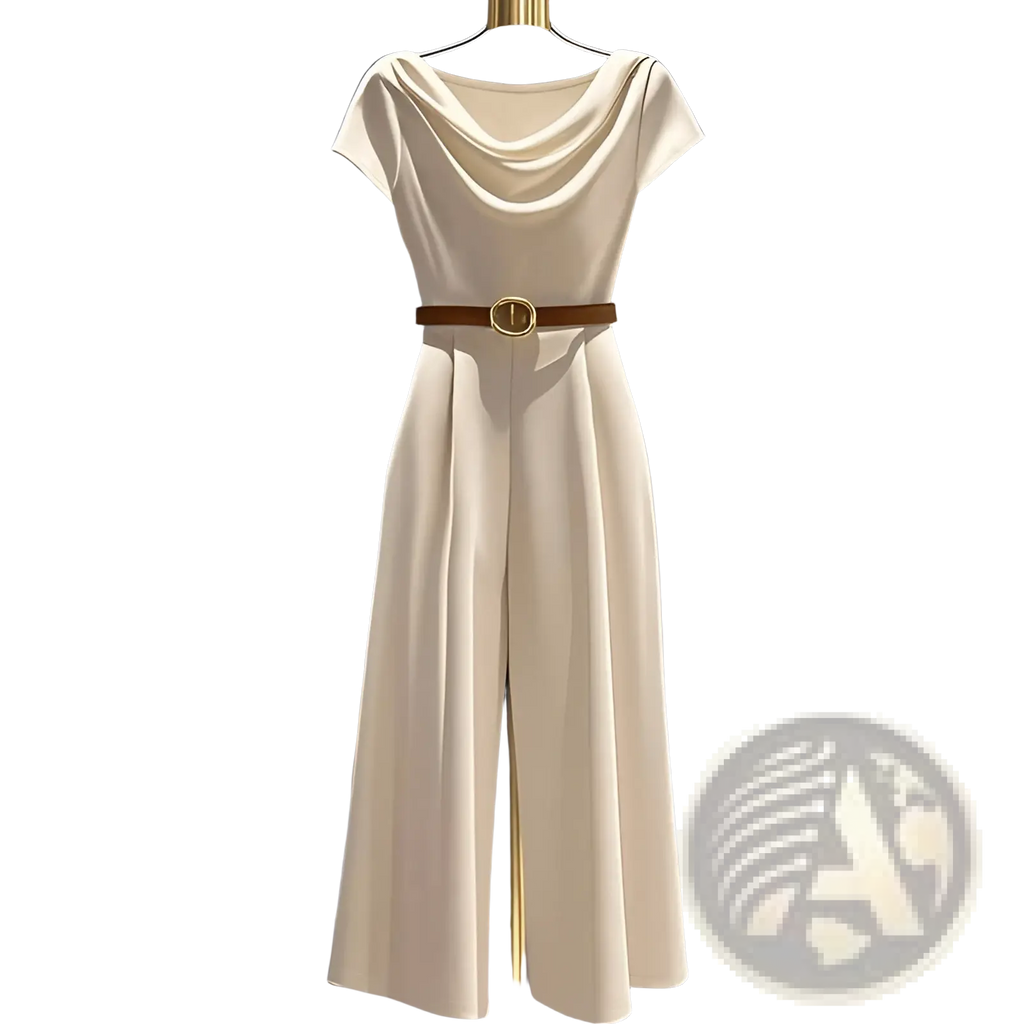 Cream-colored satin wide leg jumpsuit with draped neckline and brown leather belt accentuating the waist