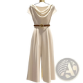Cream-colored satin wide leg jumpsuit with draped neckline and brown leather belt accentuating the waist