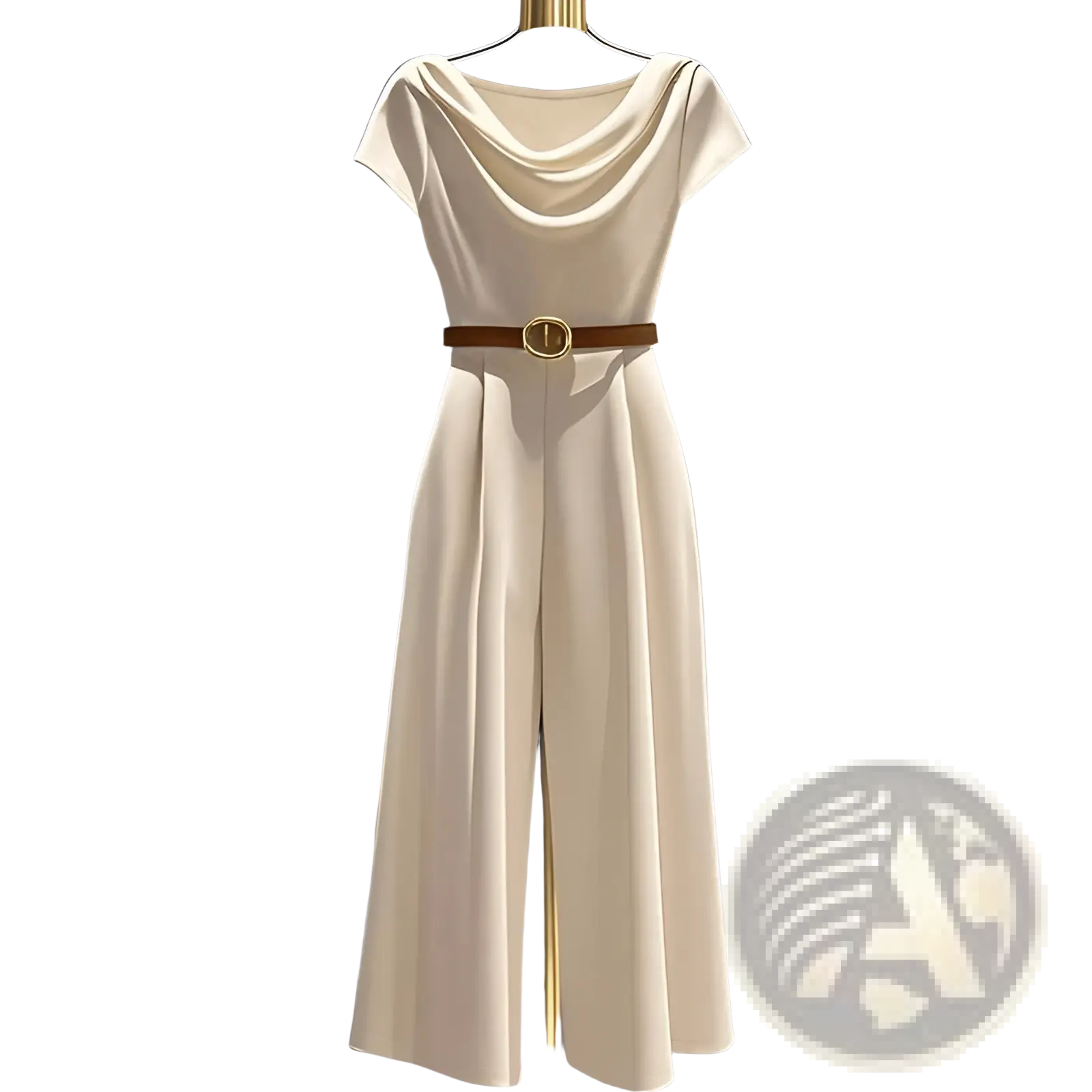 Cream-colored satin wide leg jumpsuit with draped neckline and brown leather belt accentuating the waist