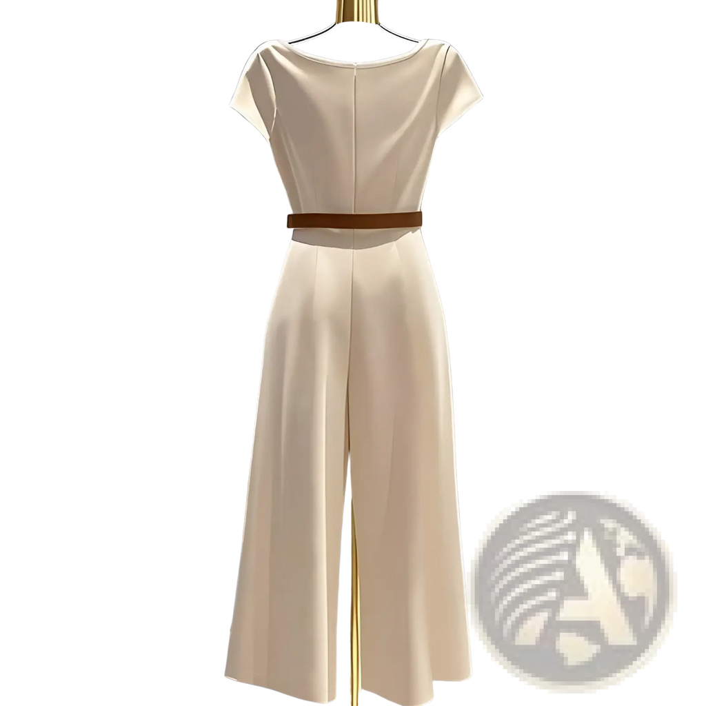 Cream-colored satin wide leg jumpsuit with a brown belt showcasing its smooth fabric and elegant fit