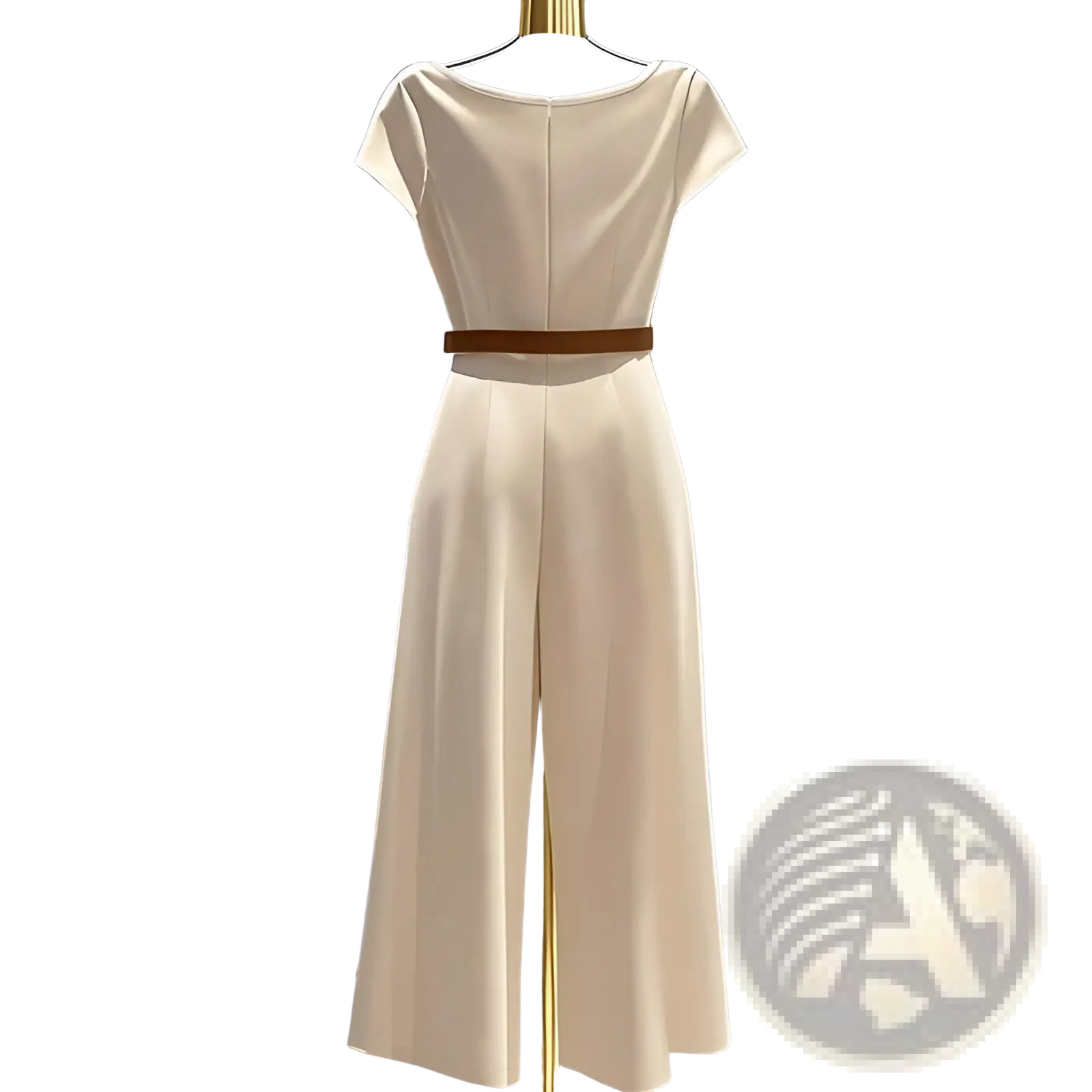 Cream-colored satin wide leg jumpsuit with a brown belt showcasing its smooth fabric and elegant fit