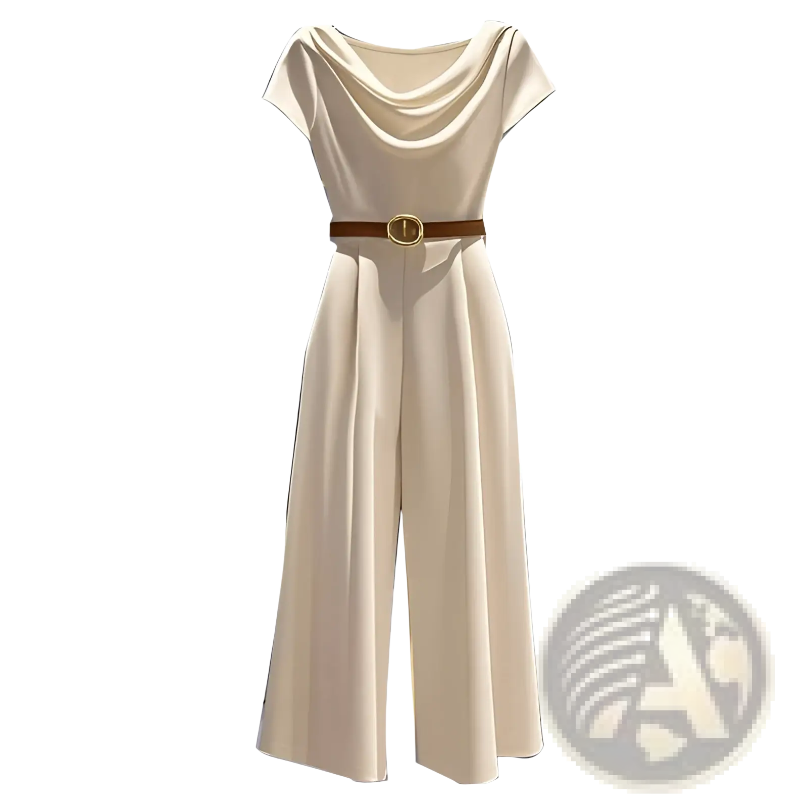 Cream-colored satin wide leg jumpsuit with a cowl neckline short sleeves and brown belt with gold-toned buckle