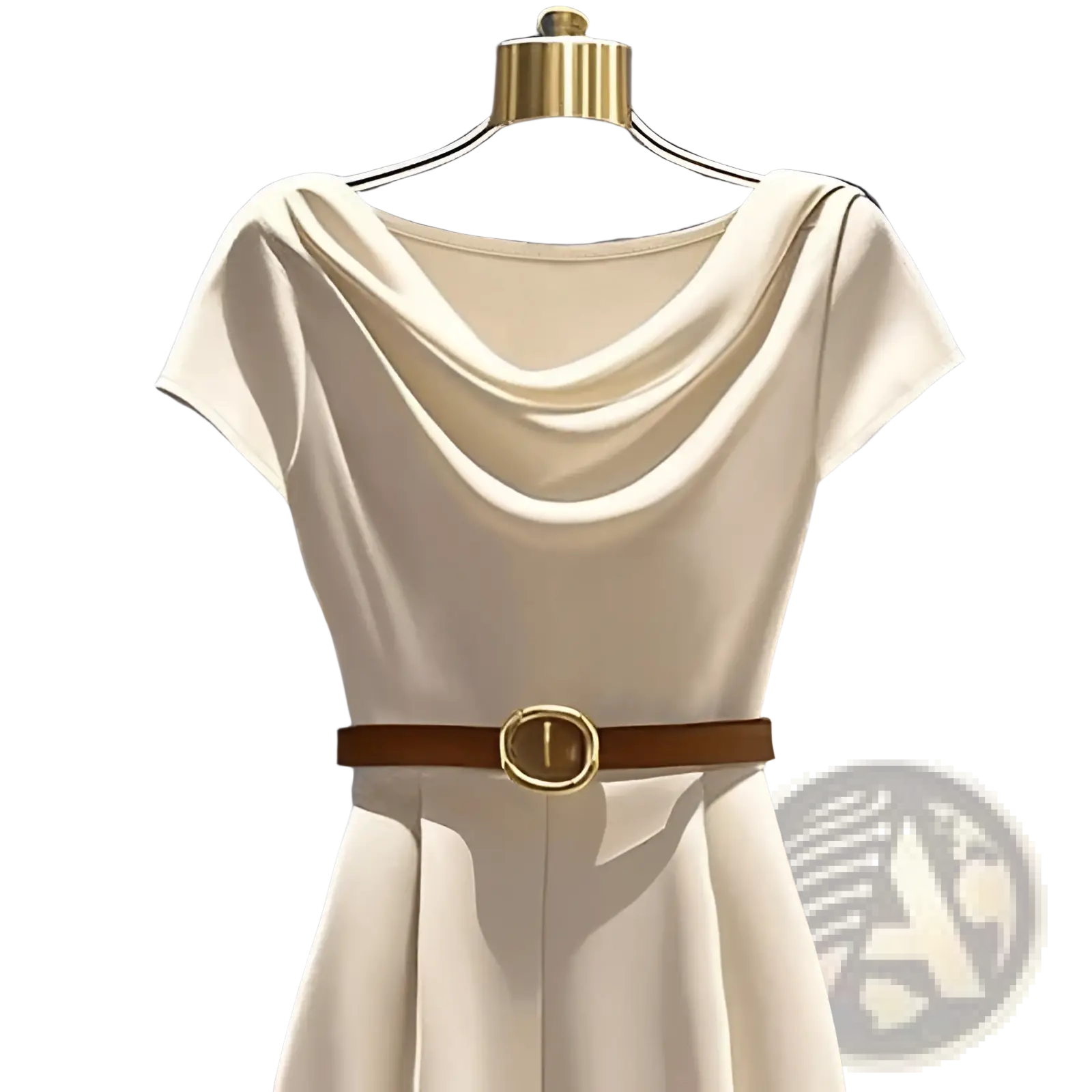 Cream-colored satin wide leg jumpsuit with draped cowl neckline short sleeves and brown leather belt with gold buckle
