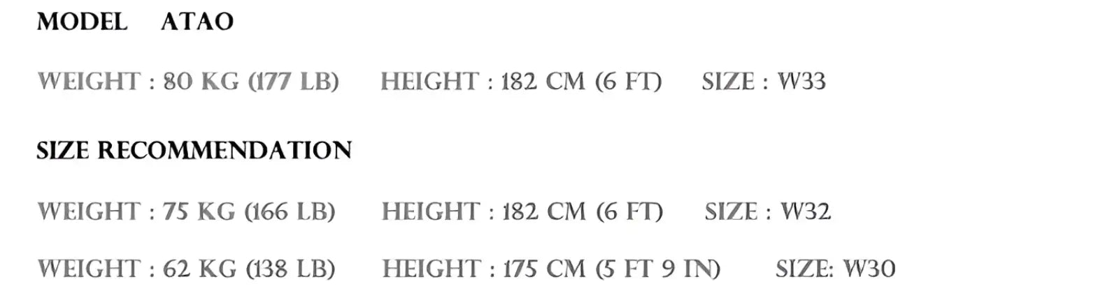 Atao model height and weight size chart for saucezhan fire selvedge tapered raw denim jeans fitting guide