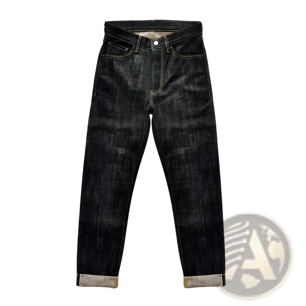Dark indigo Saucezhan Fire Selvedge tapered raw denim jeans with faded textured finish and rolled cuffs showing lighter fabric