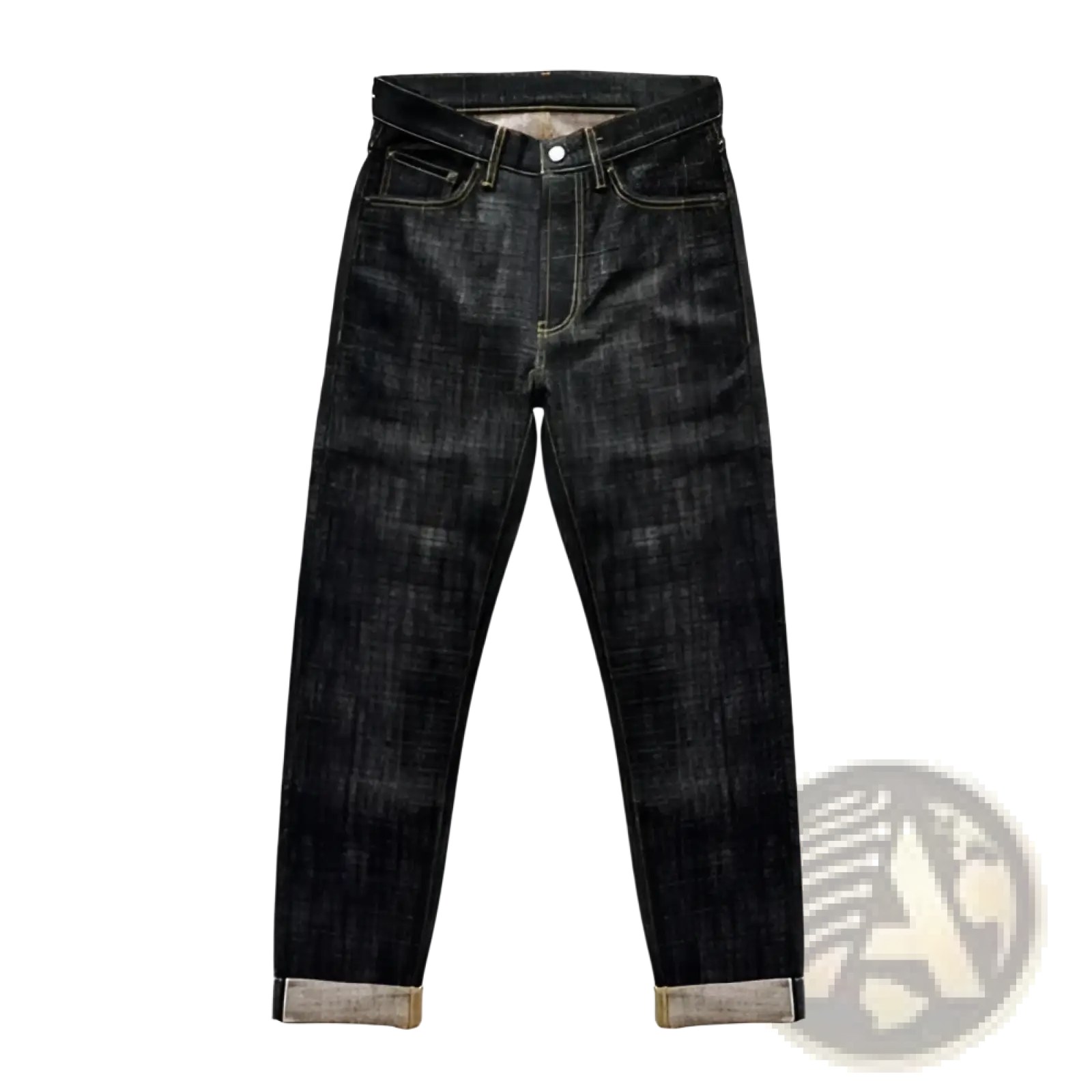 Dark indigo Saucezhan Fire Selvedge tapered raw denim jeans with faded textured finish and rolled cuffs showing lighter fabric