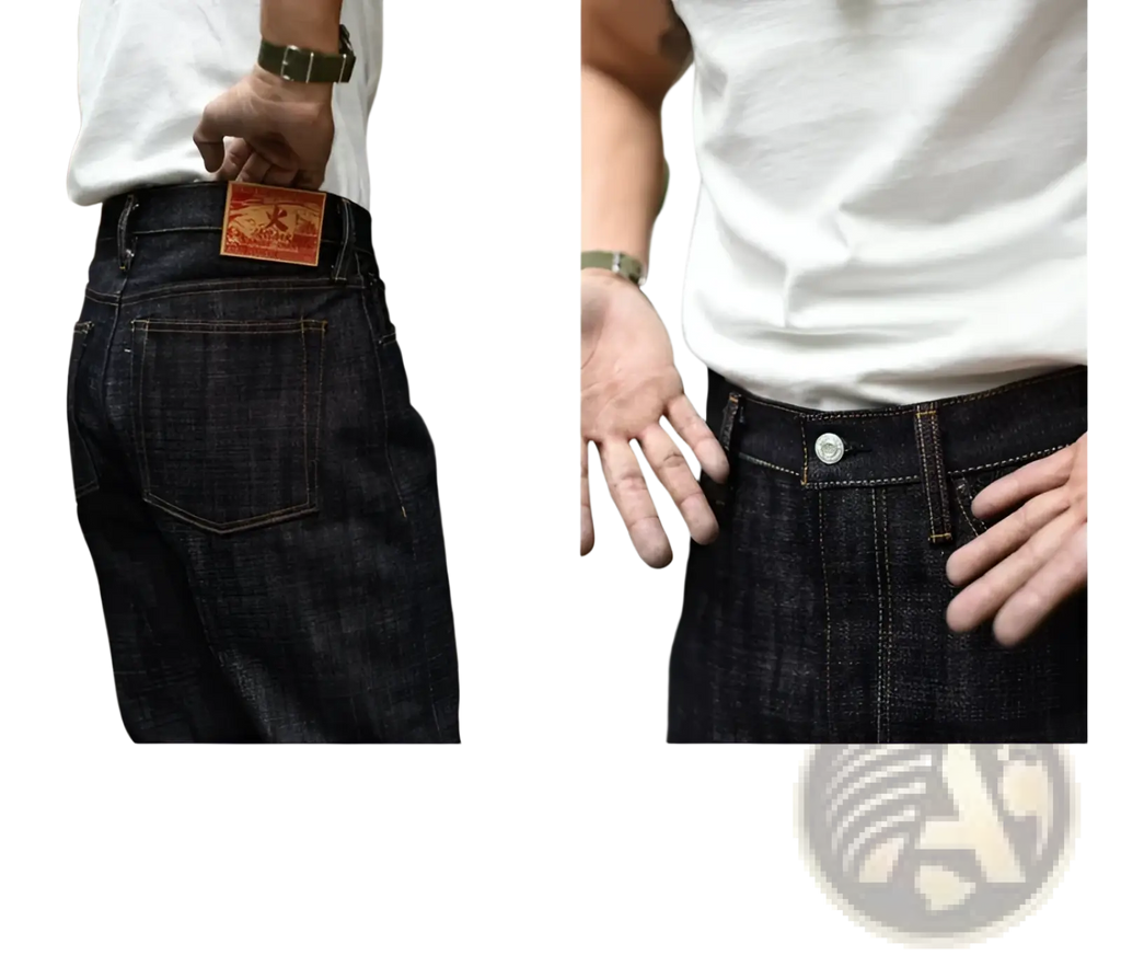 Back view of saucezhan fire selvedge tapered raw denim jeans in dark indigo with brown leather patch and silver hardware