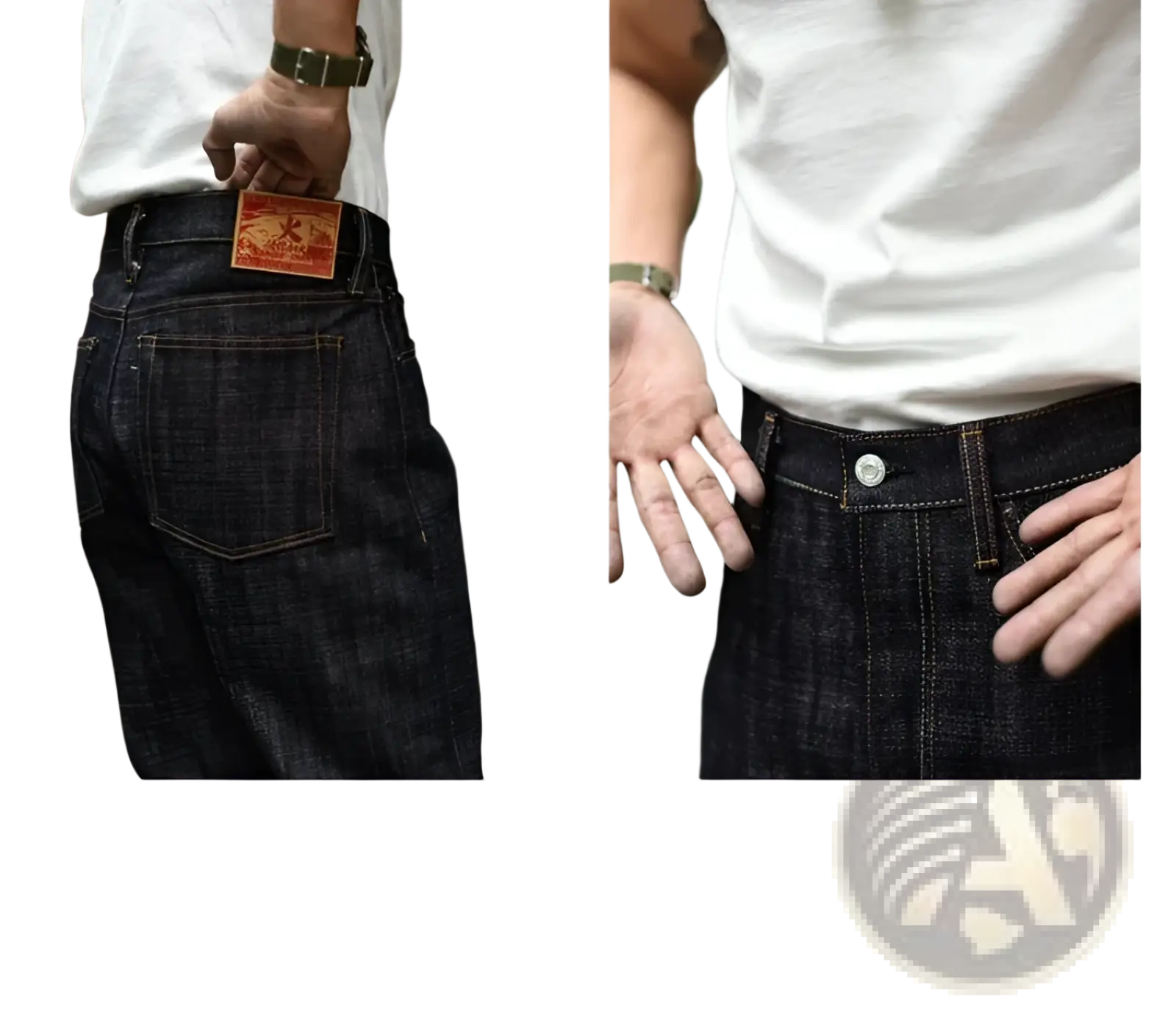 Back view of saucezhan fire selvedge tapered raw denim jeans in dark indigo with brown leather patch and silver hardware
