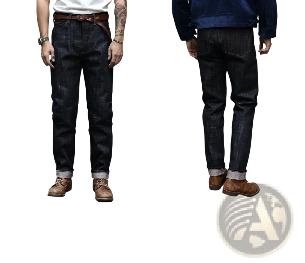 Dark indigo saucezhan fire selvedge tapered raw denim jeans with visible stitching and rolled cuffs showing lighter lining