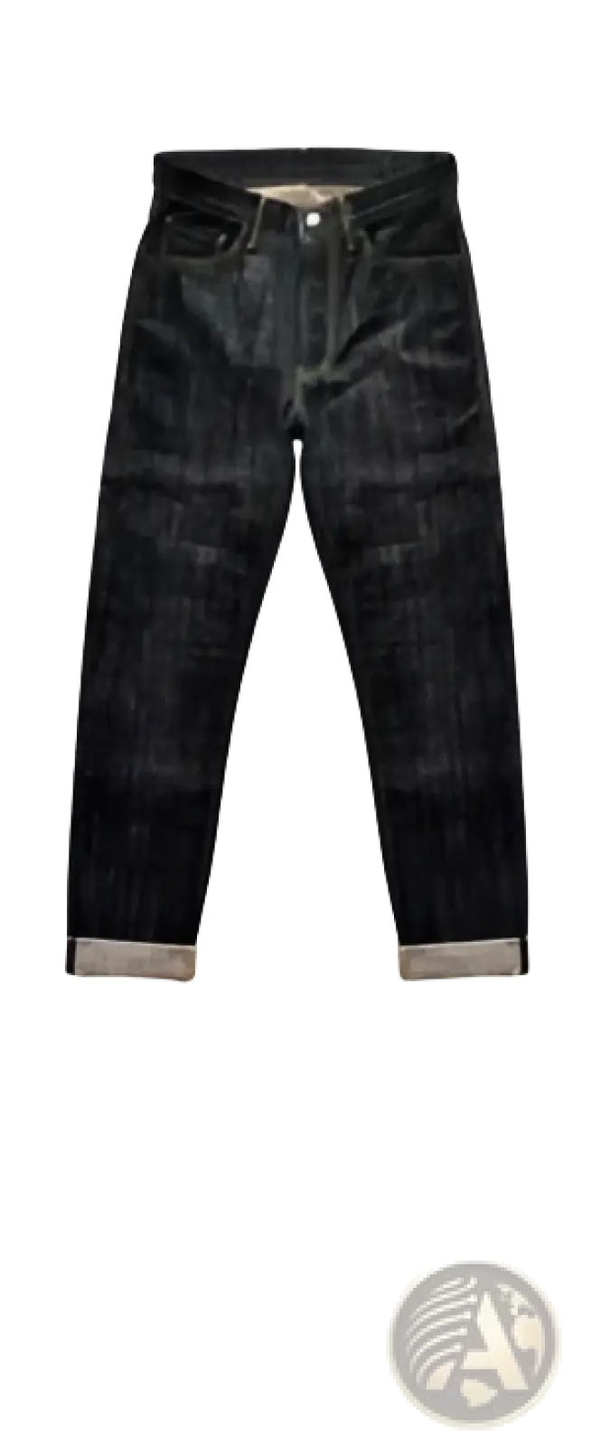 Sauvezhan fire selvedge tapered raw denim jeans in dark indigo with classic slightly worn look and rolled cuffs