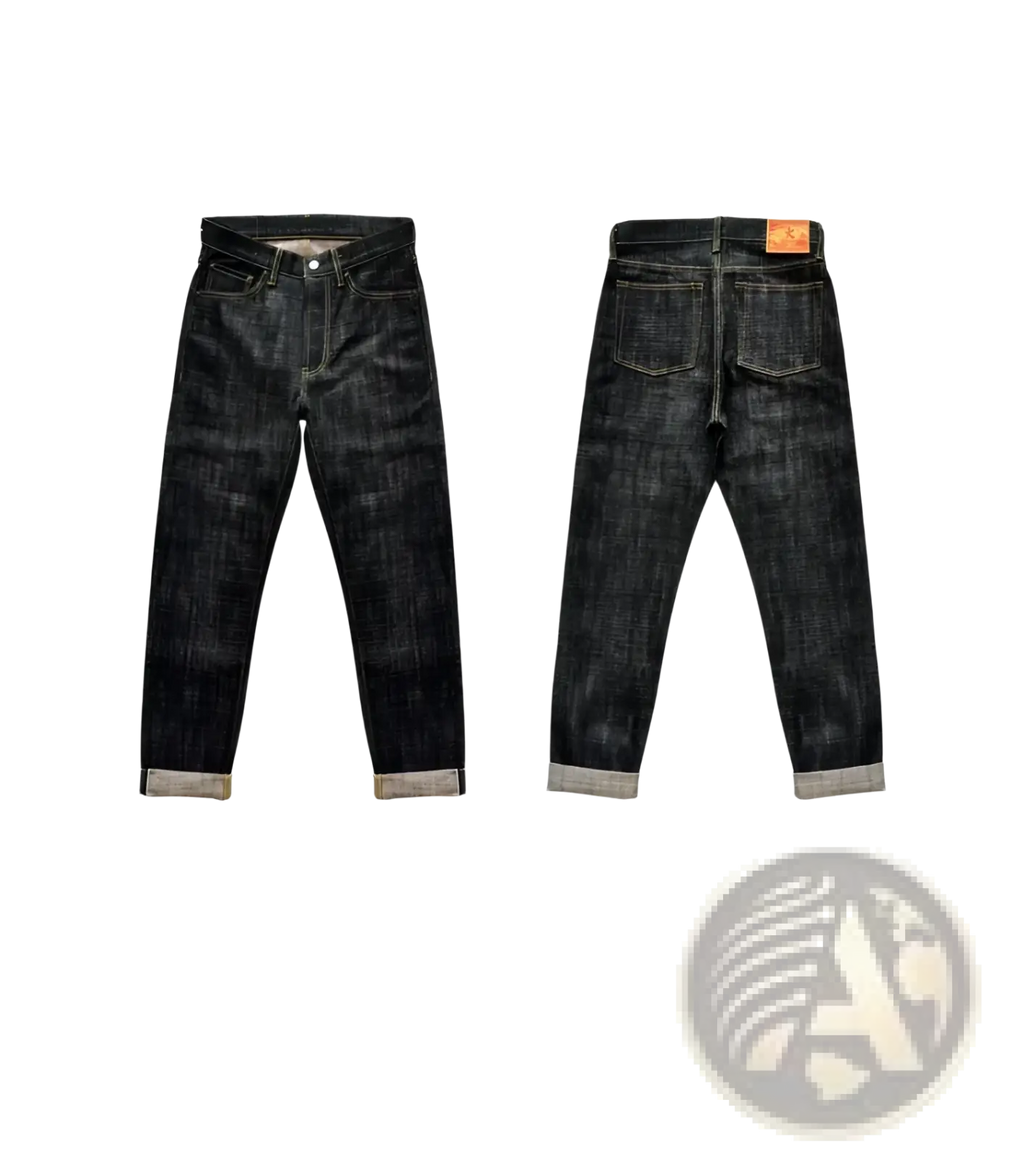 Dark indigo Saucezhan Fire Selvedge tapered raw denim jeans with classic five pockets and orange leather back patch