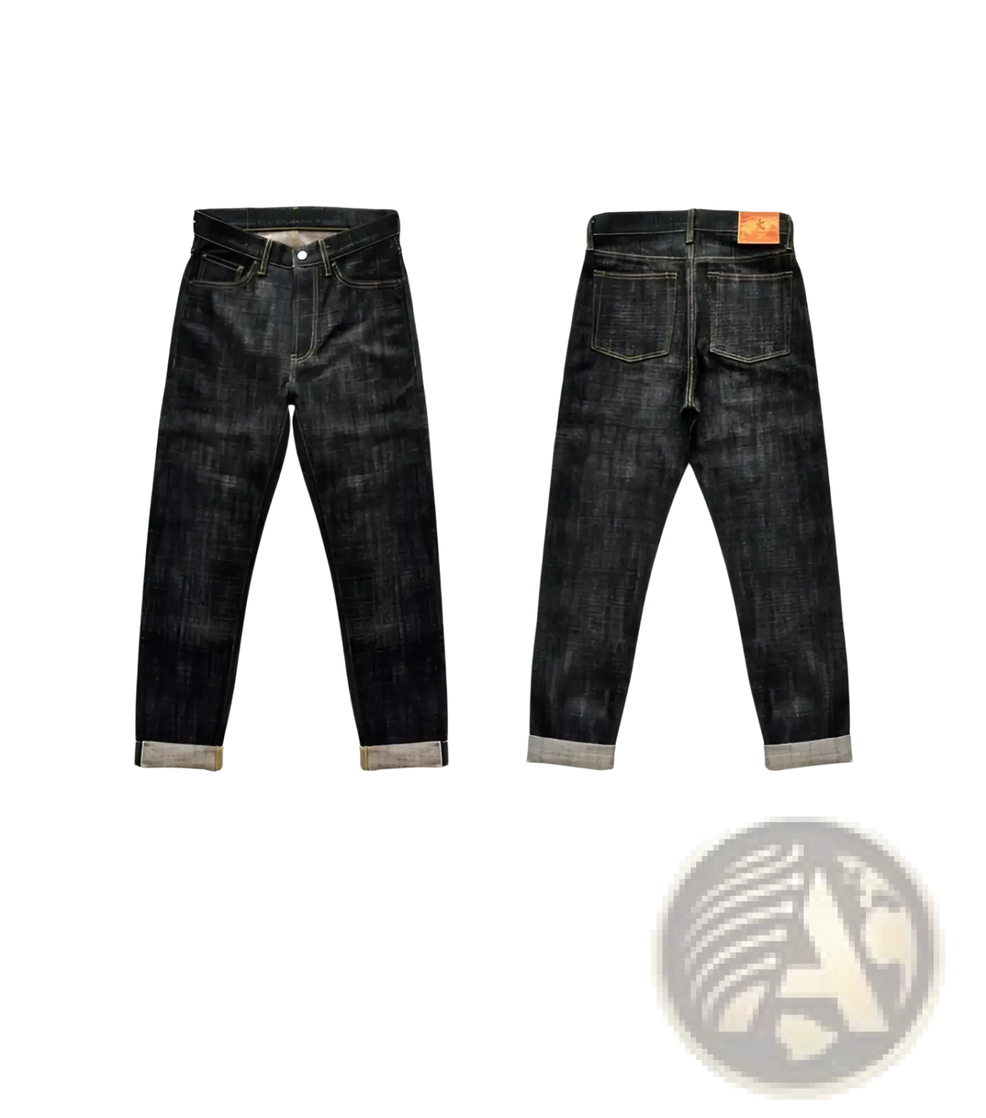 Dark indigo Saucezhan Fire Selvedge tapered raw denim jeans with classic five pockets and orange leather back patch