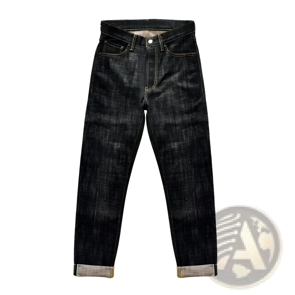 Dark indigo saucezhan fire selvedge tapered raw denim jeans with faded textured finish and rolled cuffs