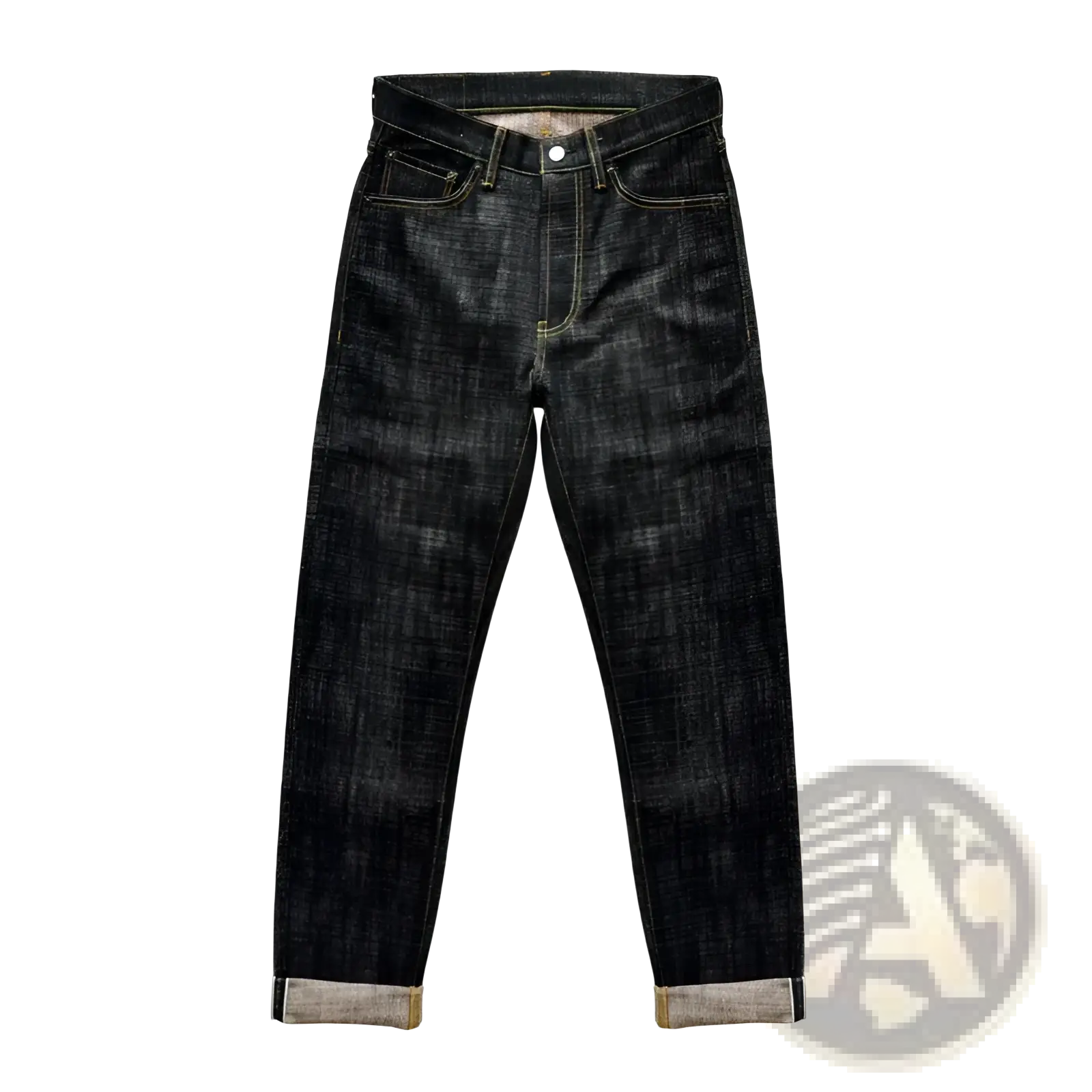 Dark indigo saucezhan fire selvedge tapered raw denim jeans with faded textured finish and rolled cuffs