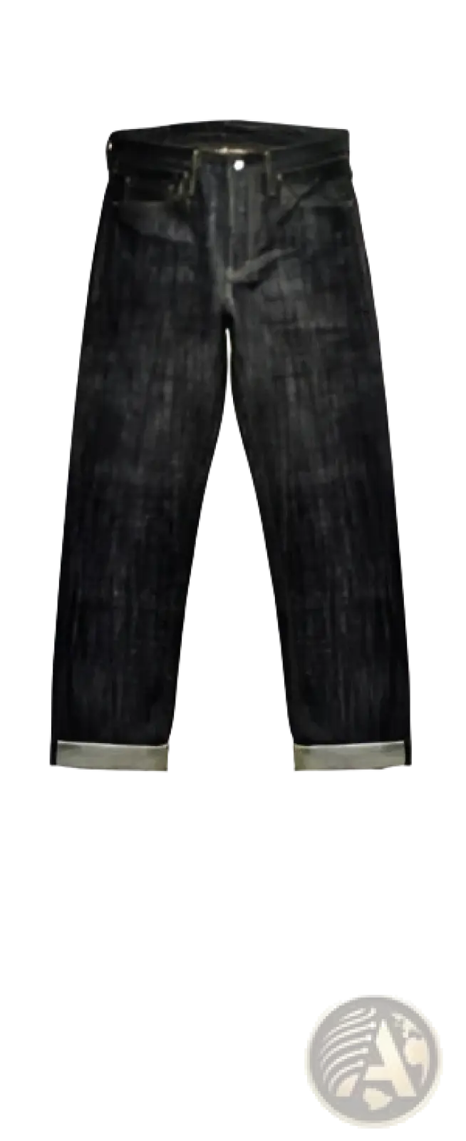 Dark indigo Saucezhan fire selvedge tapered raw denim jeans with faded distressed texture and rolled cuffs