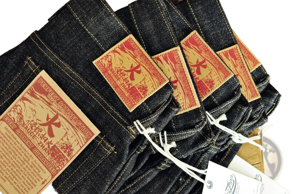 Dark indigo Saucezhan fire selvedge tapered raw denim jeans with red and beige embroidered crane labels on back side