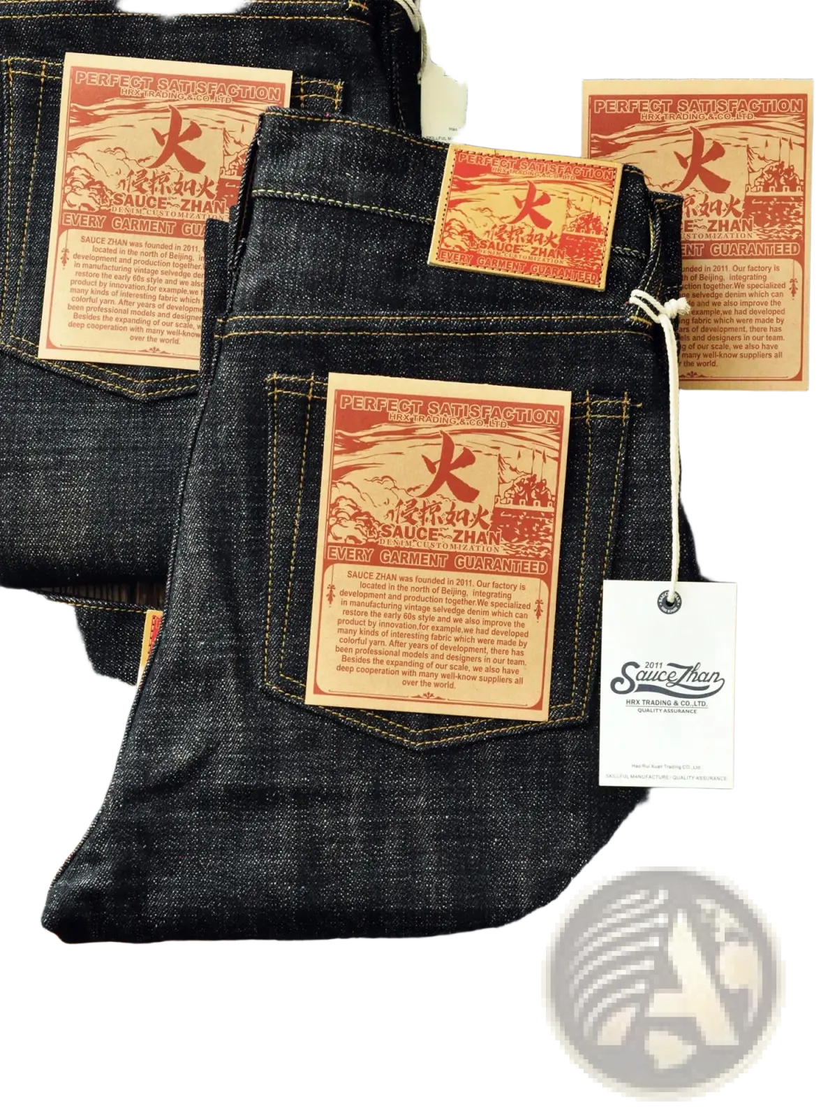 Dark indigo raw denim jeans with red and beige branded tags featuring chinese characters and sauce zhan logo