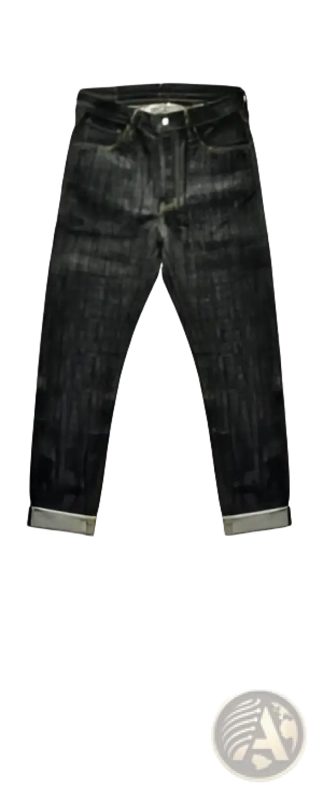 Dark-wash saucezhan fire selvedge tapered raw denim jeans with slim fit, rolled cuffs, classic stitching, and belt loops