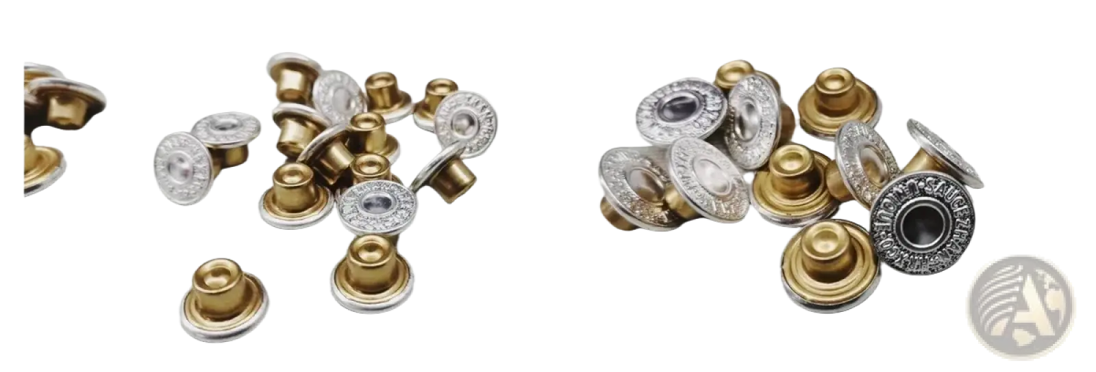 Gold and silver two-tone snap buttons with intricate engraved patterns on Saucezhan fire selvedge tapered raw denim jeans