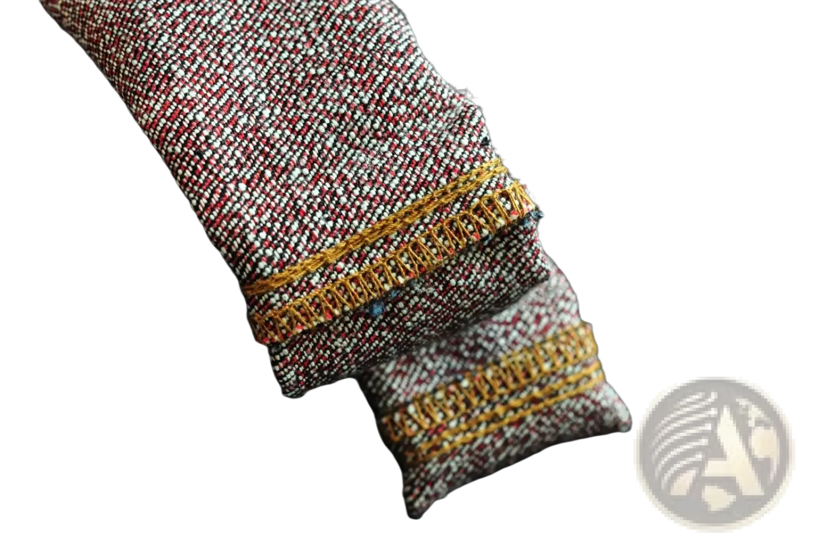 Maroon and white tweed fabric with gold stitching along the hem on saucezhan fire selvedge tapered raw denim jeans