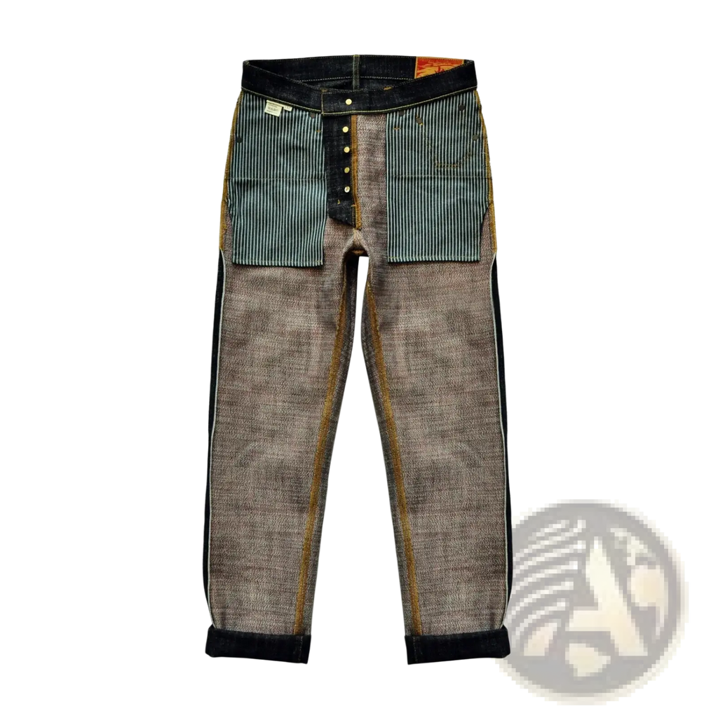 Back view of saucezhan fire selvedge tapered raw denim jeans with patchwork denim, green striped pockets, and gray textured legs