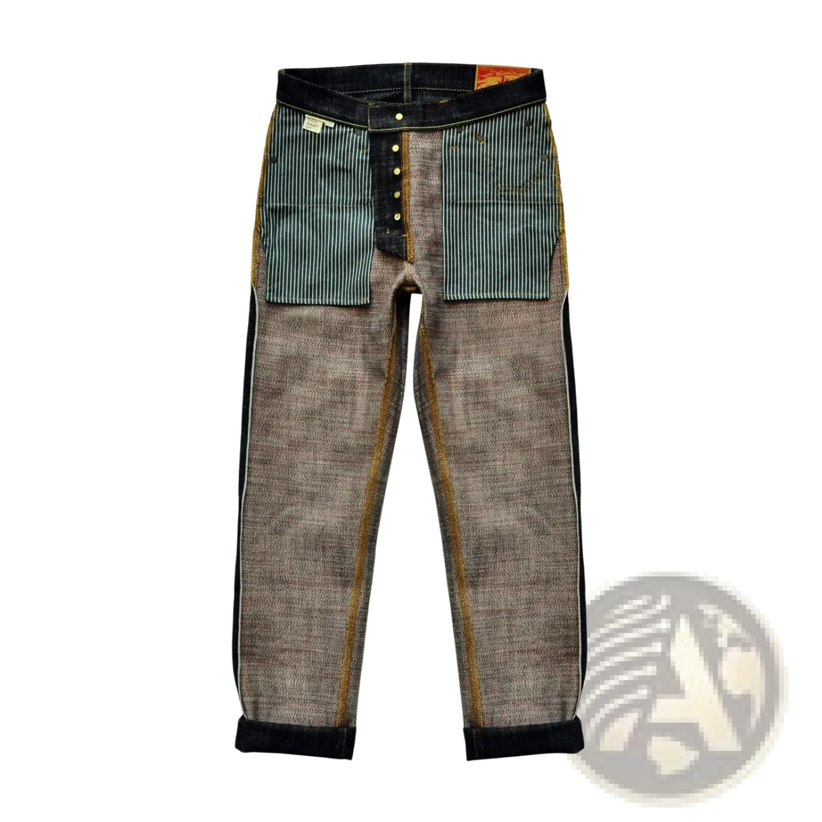 Back view of saucezhan fire selvedge tapered raw denim jeans with patchwork denim, green striped pockets, and gray textured legs