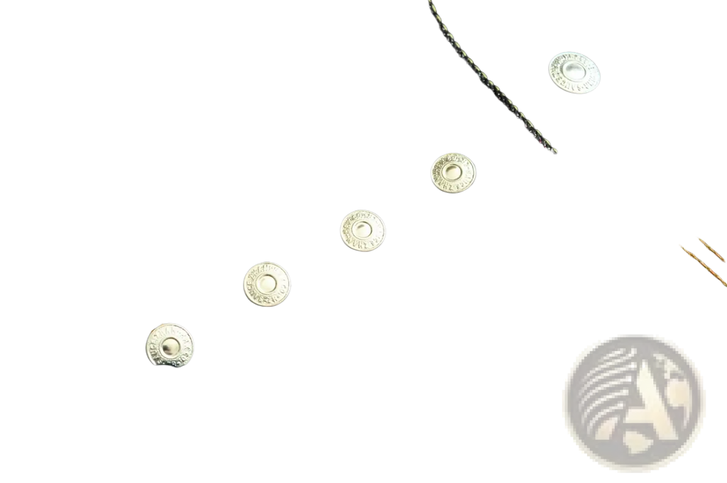 Silver-toned metal buttons with a raised design on dark indigo denim of saucezhan fire selvedge tapered raw jeans