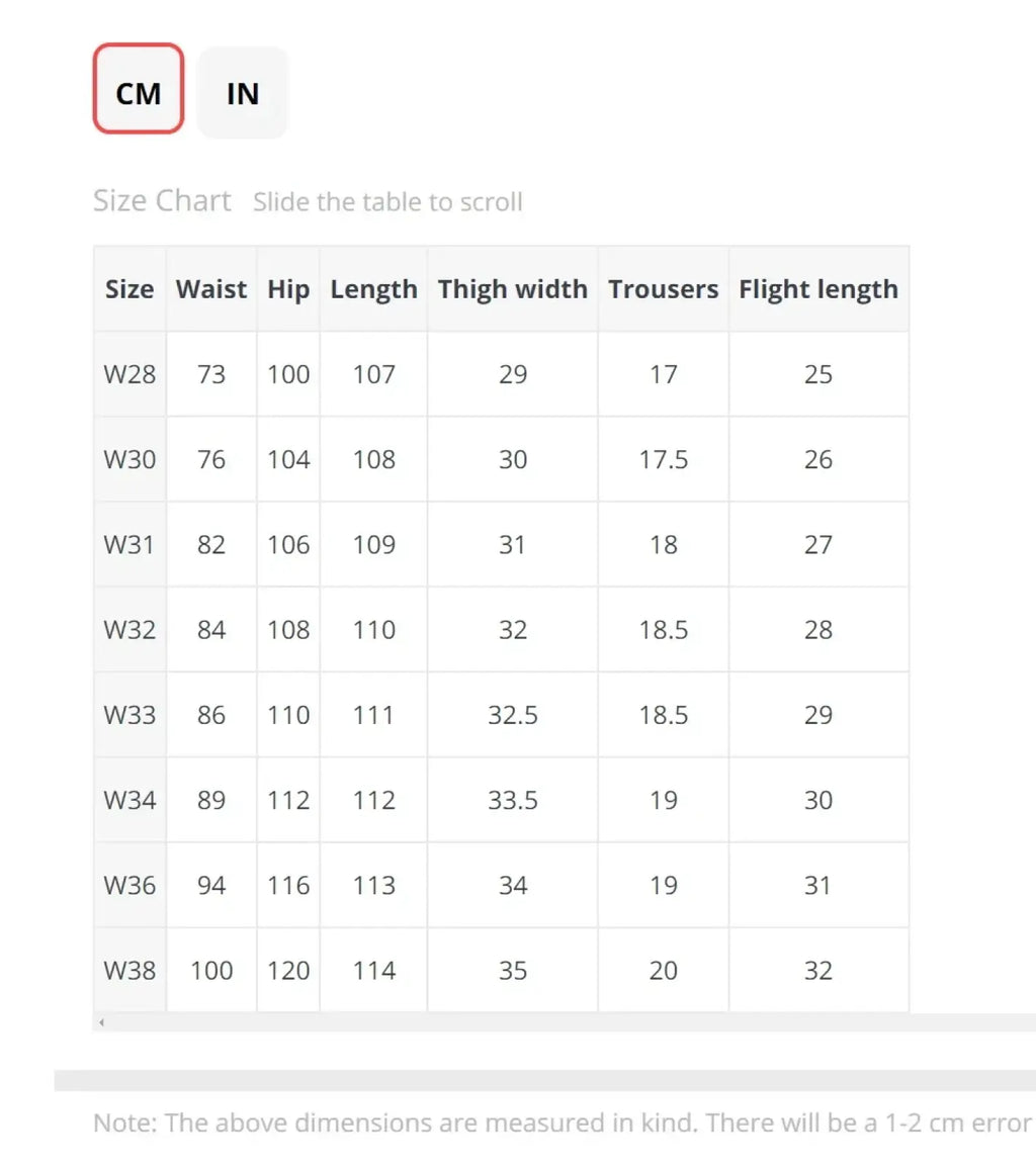 Size chart for Saucezhan fire selvedge tapered raw denim jeans showing waist hip length thigh and size in cm and inches
