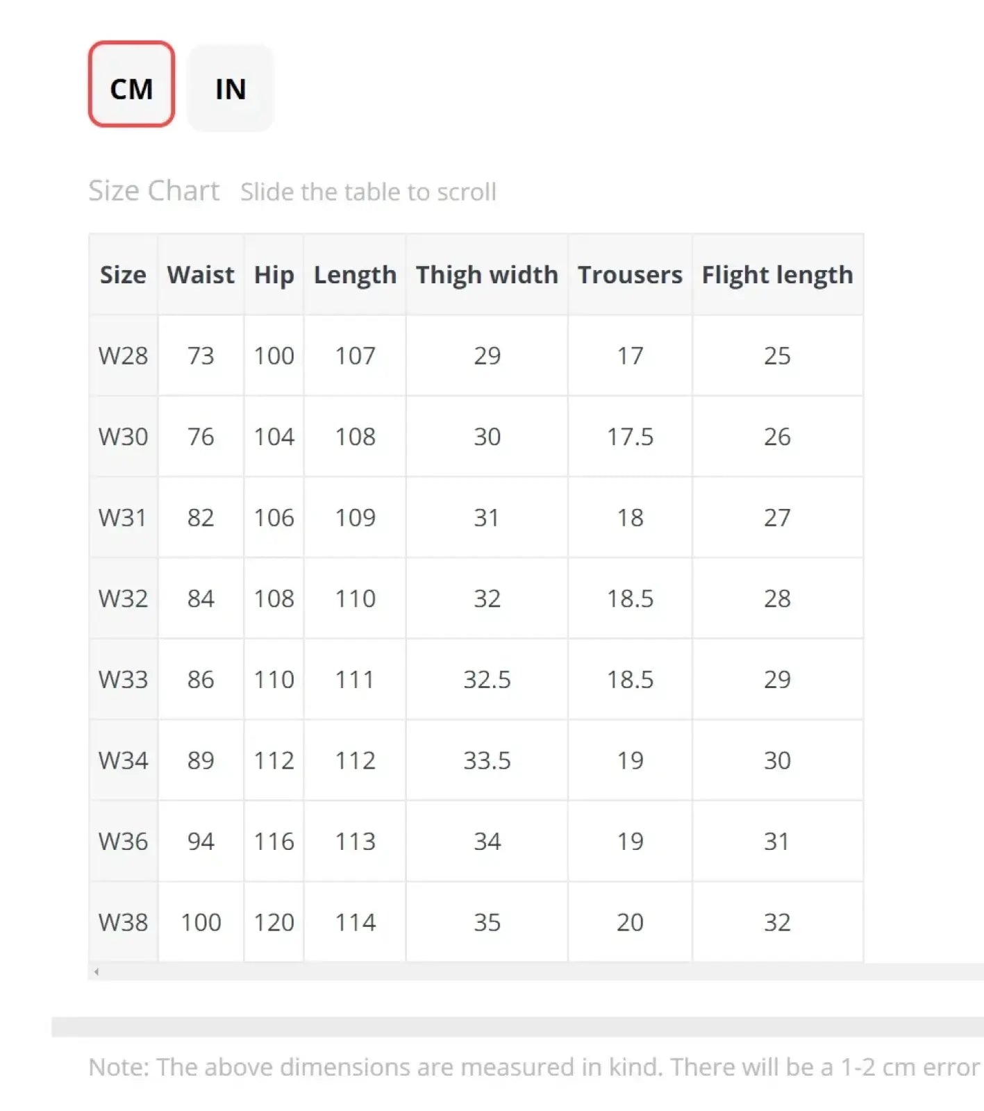 Size chart for Saucezhan fire selvedge tapered raw denim jeans showing waist hip length thigh and size in cm and inches