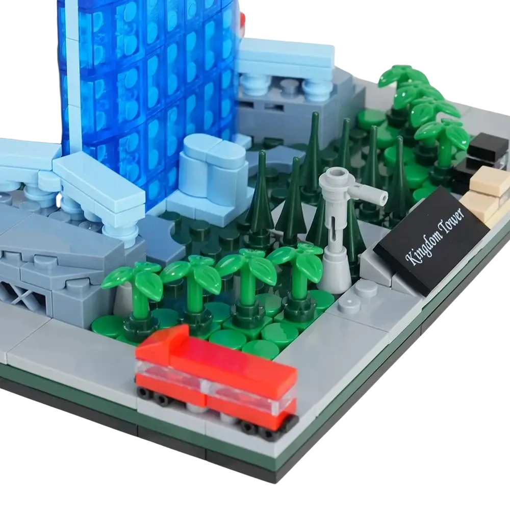 Blue translucent saudi kingdom building blocks tower set with green palm trees and red train puzzle building blocks