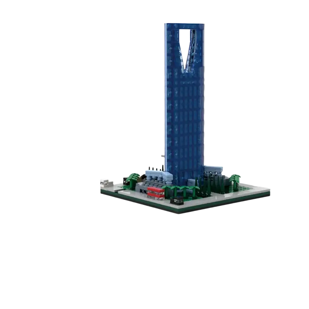 Blue translucent plastic saudi kingdom building blocks set depicting the kingdom tower for puzzle building blocks play