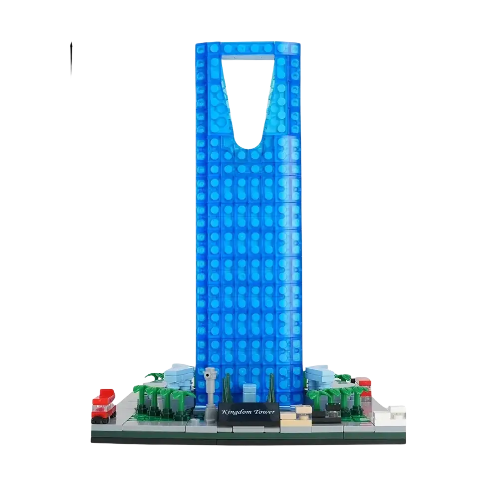 A translucent blue puzzle building blocks model of the Saudi Kingdom Tower with detailed cityscape base