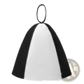 Black and white felt sauna hat with looped handle designed as a white sweating cap for bath headwear