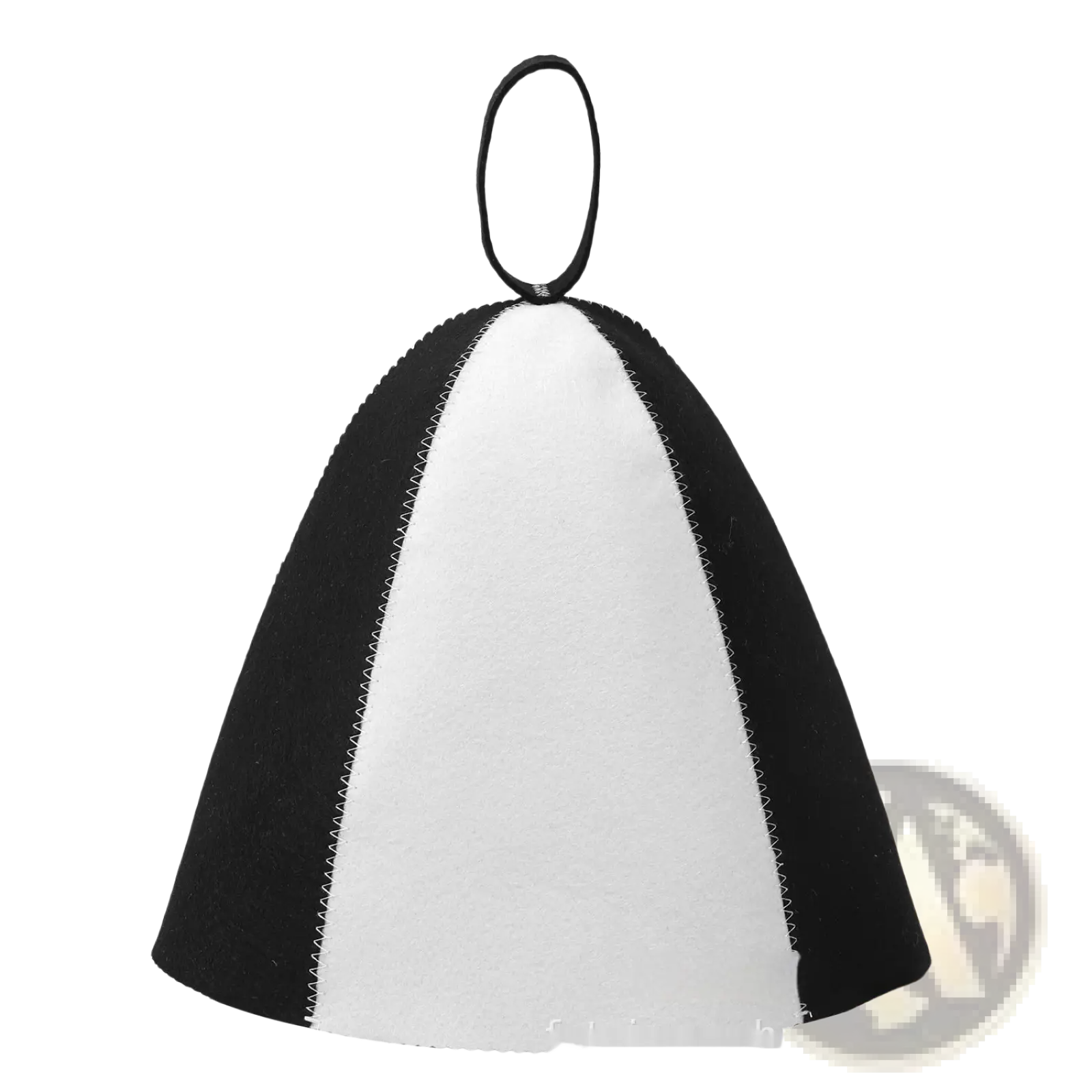 Black and white felt sauna hat with looped handle designed as a white sweating cap for bath headwear