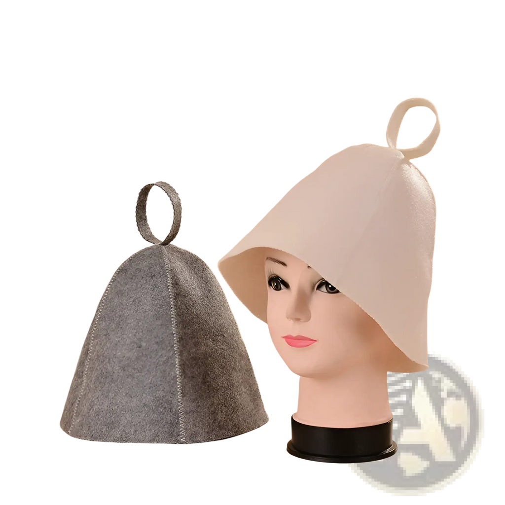 White felt sauna bath hat with stitched seams and looped handle designed for sweating cap use in bath settings